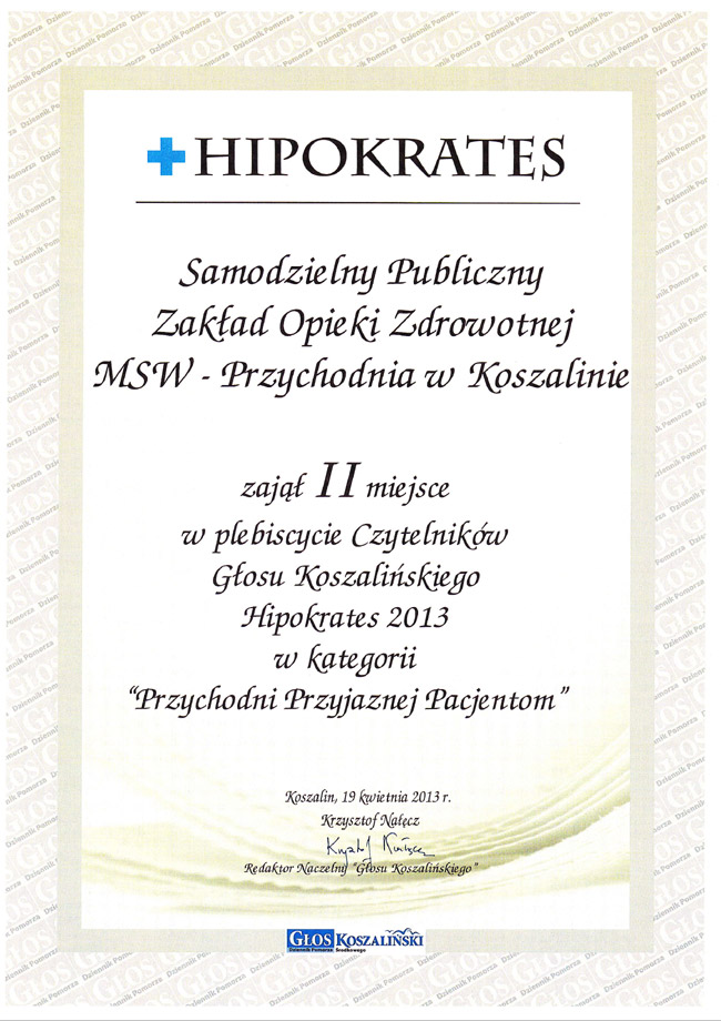 Dyplom za zajęcie 2 miejsca w plebiscycie czytelników Głosu Koszalińskiego.
