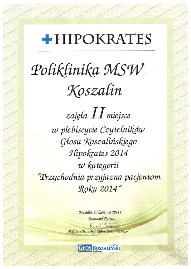Poliklinika MSW Koszalin zajęła II miejsce w plebiscycie Czytelników Głosu Koszalińskiego Hipokrates 2014